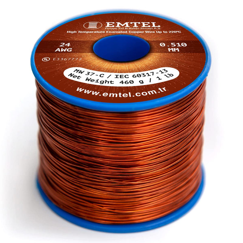 [Australia - AusPower] - Emtel 24 AWG - 1 lb (805 feet) 99.9% Pure Copper Wire, Enameled Magnetic Wire for Motor, Transformer, Magnetic Coil, & Electroculture Gardening, Winding Magnet Wire - 220°C (428°F) Thermal Class 