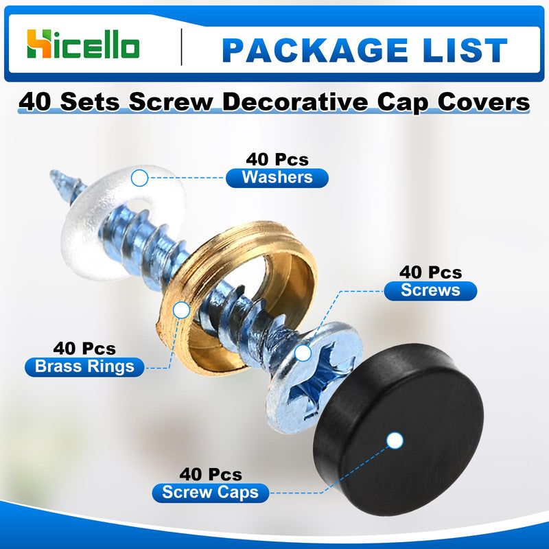 [Australia - AusPower] - 40 Pcs Mirror Screw Cover Cap 0.63"/16mm Diameter Black 304 Metal Decorative Screws with Cap and Gasket for Fasteners, Sign/Advertising Hardware, Construction, Tea Tables, Wardrobes Glass Furniture 