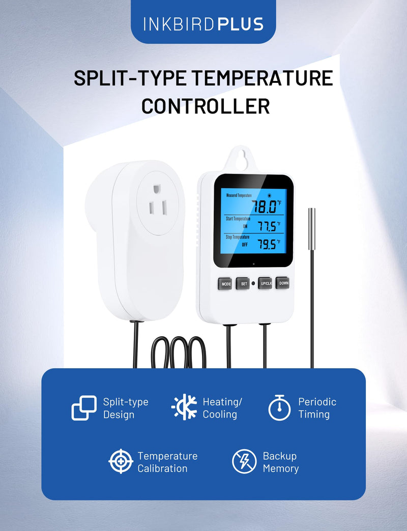 [Australia - AusPower] - INKBIRDPLUS Plug in Thermostat, Separate Thermostat Outlet for Heater with 8.8 Ft Power Cord, for Reptile Greenhouse Homebrew Aquarium Seedling Mat, Heating or Cooling Mode Thermometer Controller Screen-separated Design 