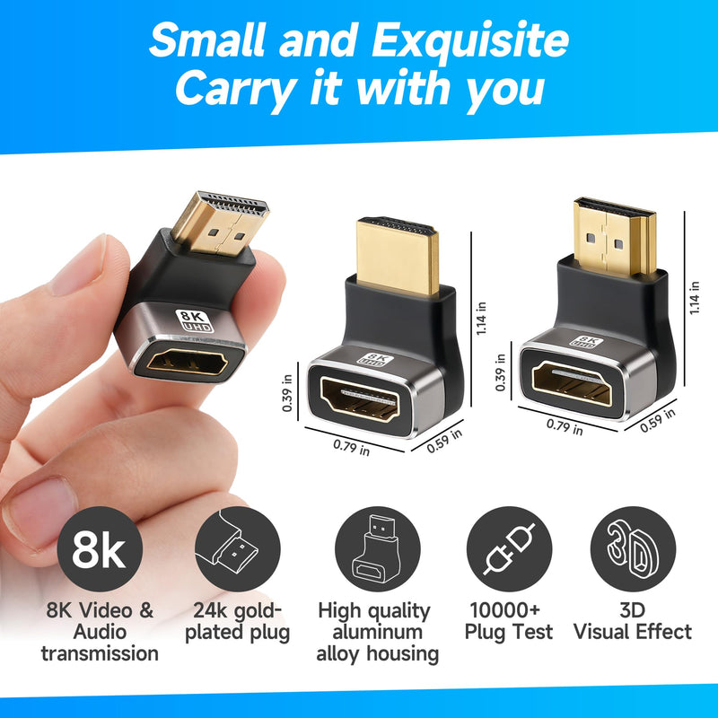 [Australia - AusPower] - 8K HDMI 2.1 Adapter 90 Degree and 270 Degree Gold Plated Adapter 2 Pack, Right Angle HDMI Male to Female Connector Converter HDMI L Shape Extender, Supports 8K@60Hz，4K@120Hz，4K@60Hz，4K@30Hz 90° HDMI Male to Female 
