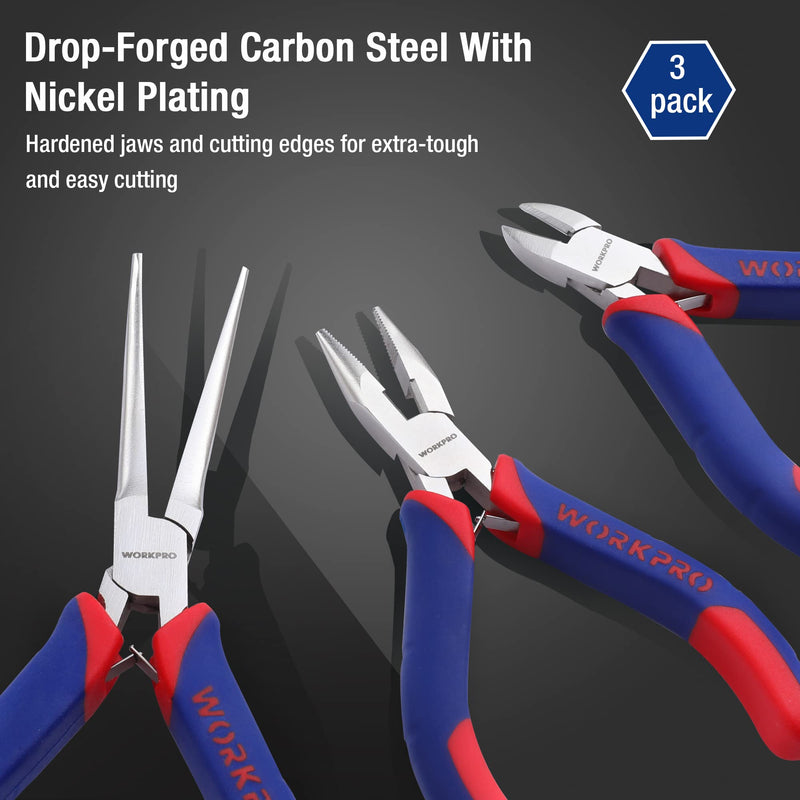 [Australia - AusPower] - WORKPRO Mini Pliers Set, 3-Piece Small Pliers Tool Kit Includes 4” Diagonal Plier, 5” Long Nose Plier, 6” Needle Nose Plier, for Making Crafts, Repairing Electronic Devices 