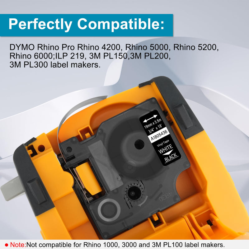 5 Pack Compatible for Dymo Rhino 1805436 3/4" 19mm and 5 Pack 1805435 1/2" 12mm White on Black Vinyl Permanent Industrial Label Tape