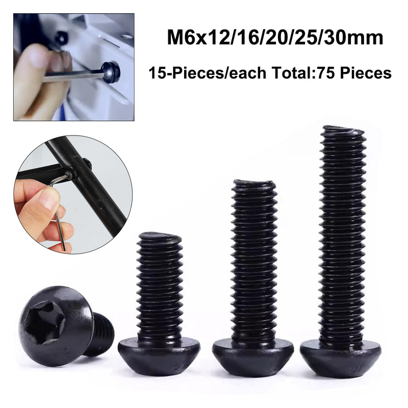[Australia - AusPower] - 75Pcs Button Head Torx Drive Screws Bolts, Grade 10.9 Alloy Steel, M6 x 12/16/20/25/30 mm Star Drive Machine Screws Set with T30 Wrench, Black Oxide Finish, Fully Threaded Pitch : 1.0 mm Black-M6 Button Head Trox Screws 