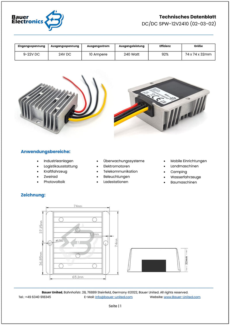 Voltage Converter DC-DC 12V to 24V, 10A 240W | Also for 18V and 20V systems DC-DC step-up converters with stabilised 24V output Input: 9-22V Output: 24V | 240W | 10A