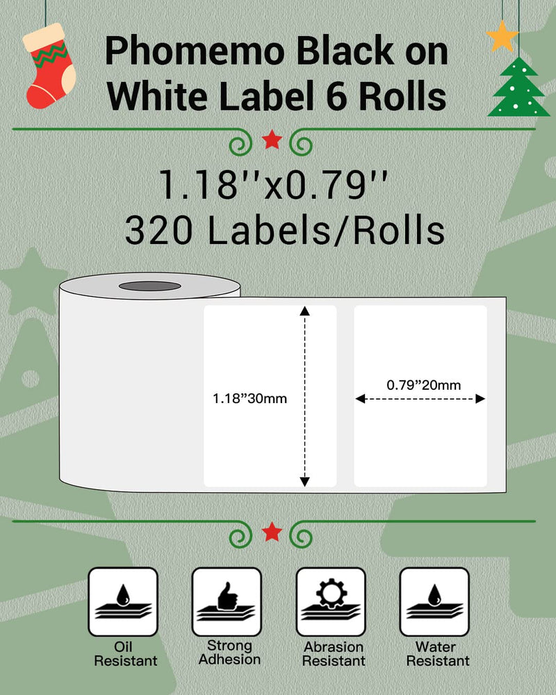 [Australia - AusPower] - Phomemo Sticker Labels 1.18" x 0.79" (30x20mm) 6 Rolls, for M110/M110S/M120/M200/M220 Printer - Black on White, for Small Business, Home, Office, 320 Labels/Roll 1.18" × 0.79" 