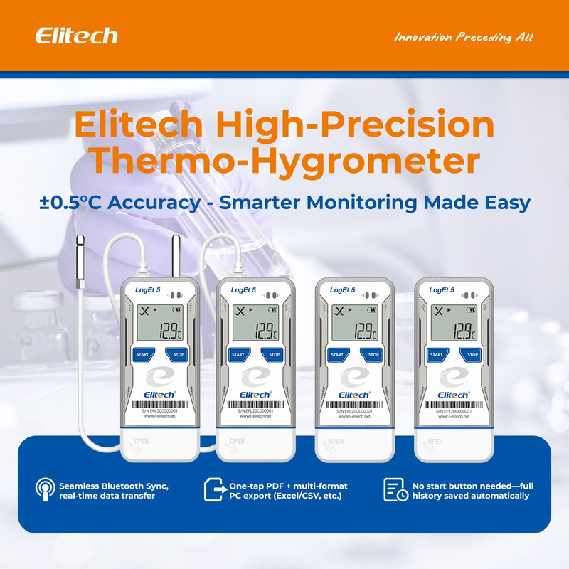 Elitech Bluetooth Temperature Data Logger, USB Moisture Logger -30°C to 70°C, Auto PDF/CSV Reports, Windows/macOS Bluetooth + temperature + humidity