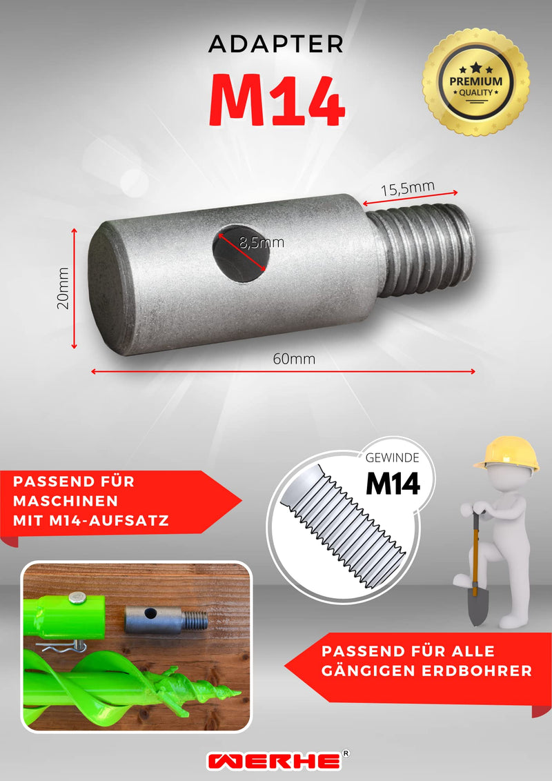 WERHE Adapter M14 for Earth Auger, Hardened Steel, with Quick Release Bolts | Compatible with agitator and concrete stirrer, ideal for fence posts and tree planting, cable and pipe laying, length 6 cm