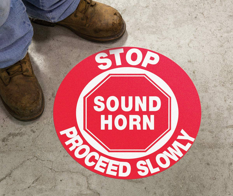 [Australia - AusPower] - Accuform MFS705 Slip-Gard Adhesive Vinyl Round Floor Sign, Legend "Stop Sound Horn Proceed Slowly", 17" Diameter, White on Red 
