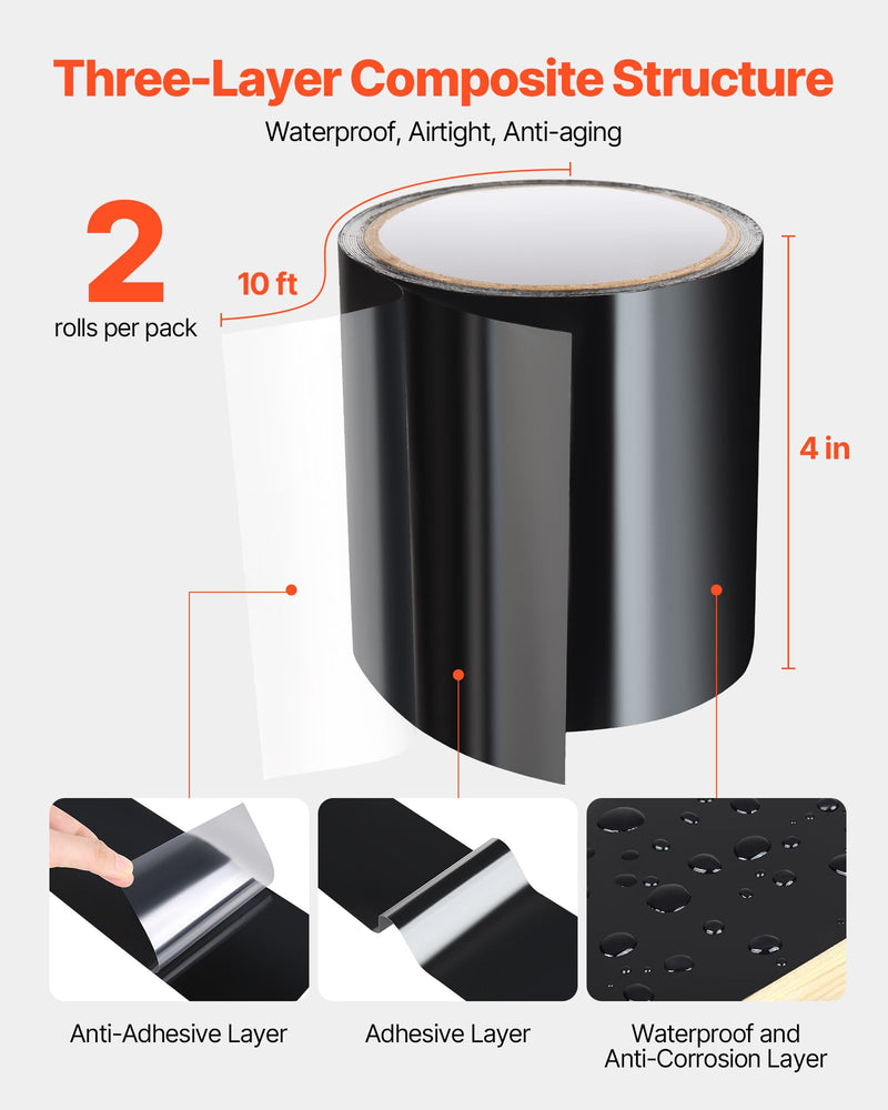 VEVOR Waterproof Patch and Seal Tape, 4 inch x 10 ft, Pack of 2, Weather-Resistant Waterproof Tape for Leaks and Repairs, Peel and Stick Easy Indoor and Outdoor Use for Roof, Wall, and Pipe, Black