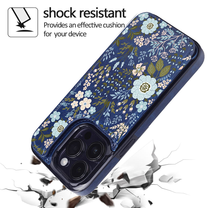 [Australia - AusPower] - uCOLOR Compatible with iPhone 15 Pro 6.1" Wallet Case with Card Holder Slot Folio Flip PU Leather Kickstand Double Magnetic Clasp and RFID Blocking Design Cover 6.1 Inch (Navy Blue Flowers) Navy Blue Flowers iPhone 15 Pro 6.1" 
