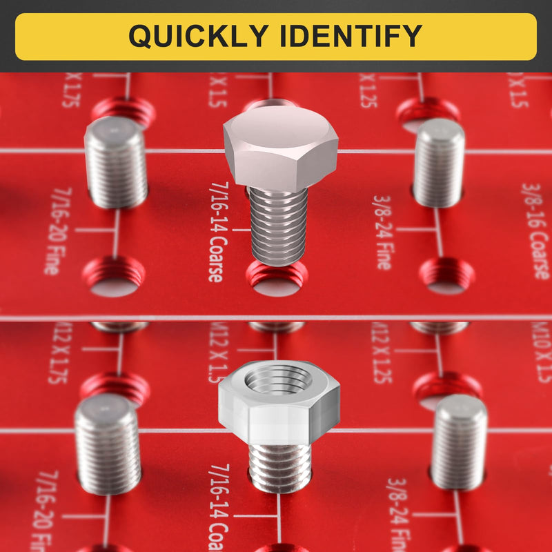 Upgrade 28 Nut and Bolt Thread Checker: Identibolt Bolt and Nut Gauge, 14 Metric & 14 Standard Sizes, Wall-Mountable Red rectangle