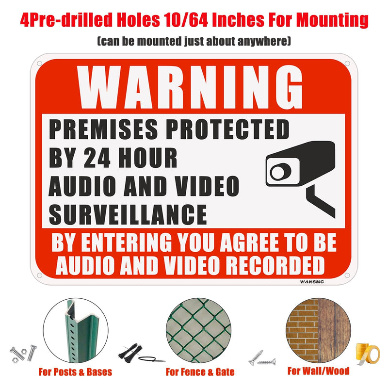 4PC Warning Premises Protected By 24 Hour Audio And Video Surveillance, 10 x 7 Inches - Aluminum - You are Being Recorded Camera In Use Monitoring Signs, Easy to Mount Red 4PC
