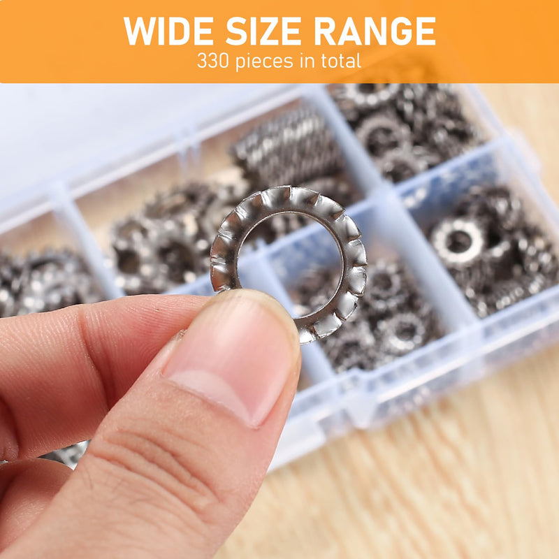 [Australia - AusPower] - 330 Pcs External Tooth Star Lock Washers, Stainless Steel External Starlock Washers Assortment Set, Tooth Locking Ring Washers Kit - M2.5 M3 M4 M5 M6 M8 M10 M12 