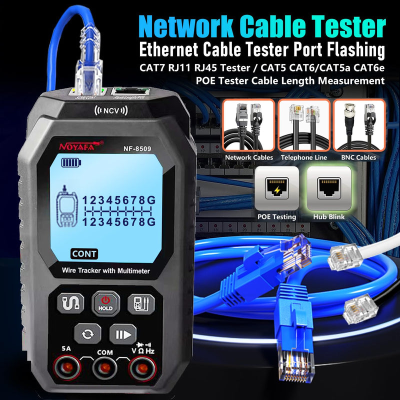 [Australia - AusPower] - NOYAFA NF-8509 Network Cable Tester (with Multimeter Tester), POE/RJ45 RJ11 CAT5 CAT6 LAN/Ethernet Port Flashing, Anti-Interference TDR Network Tester/NCV Anti-Burnout AC DC Voltmeter Network Tool Black 