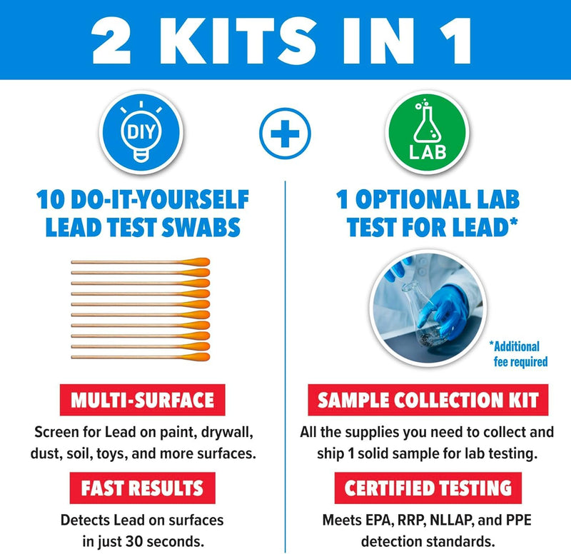 [Australia - AusPower] - Safe Home® Lead Combo Test Kit – 10 DIY Swabs + Optional Testing at our EPA Certified Lab – Detect Lead on Solid Surfaces – USA Made for Homeowners & Contractors – (2 Pack) 2 