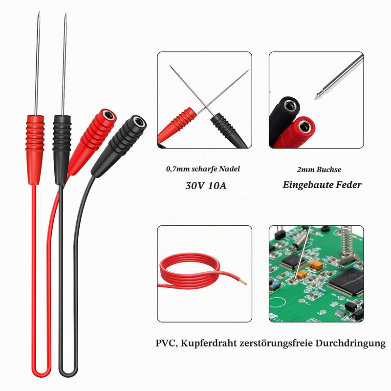 Test Probe Extension Test Leads Pack of 2, Red & Black | 2 mm socket to stainless steel, 20 cm test probe cable, for multimeter, electrical testing P1046