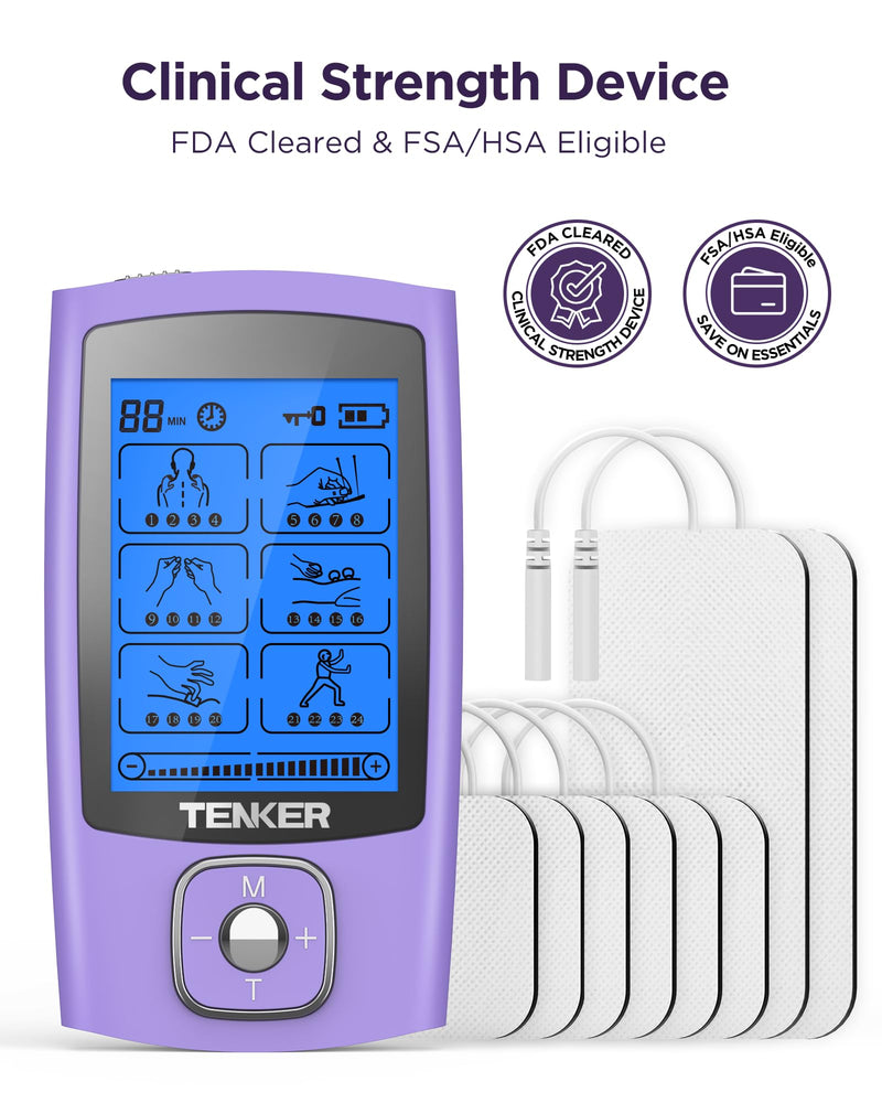 [Australia - AusPower] - TENKER TENS Unit Muscle Stimulator, 24 Modes TENS EMS Machine for Pain Relief Therapy/Pain Management, Rechargeable Electronic Pulse Massager with 2"x2" and 2"x4" TENS Unit Electrode Pads A-purple 