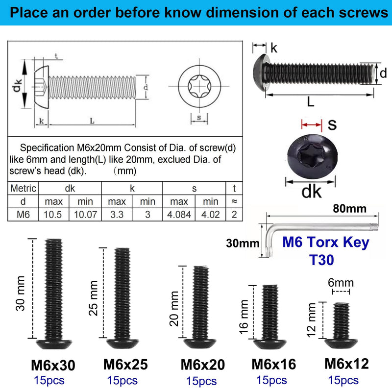 [Australia - AusPower] - 75Pcs Button Head Torx Drive Screws Bolts, Grade 10.9 Alloy Steel, M6 x 12/16/20/25/30 mm Star Drive Machine Screws Set with T30 Wrench, Black Oxide Finish, Fully Threaded Pitch : 1.0 mm Black-M6 Button Head Trox Screws 
