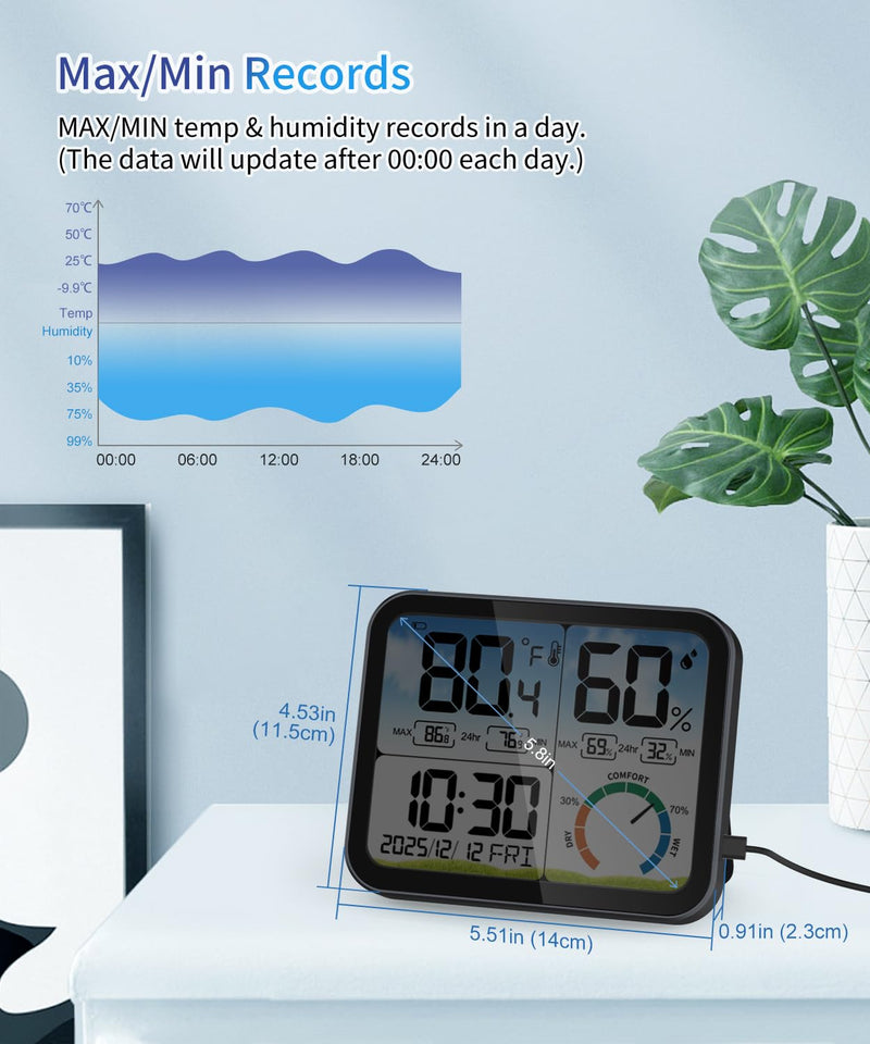 [Australia - AusPower] - VOCOO Digital Indoor Room Thermometer - 5.8'' Extra Large Display Temperature Humidity Sensor with Accurate Temp Humidity Gauge Monitor, Calibration, Max & Min Records, Comfort, Backlit, Date & Clock Black 