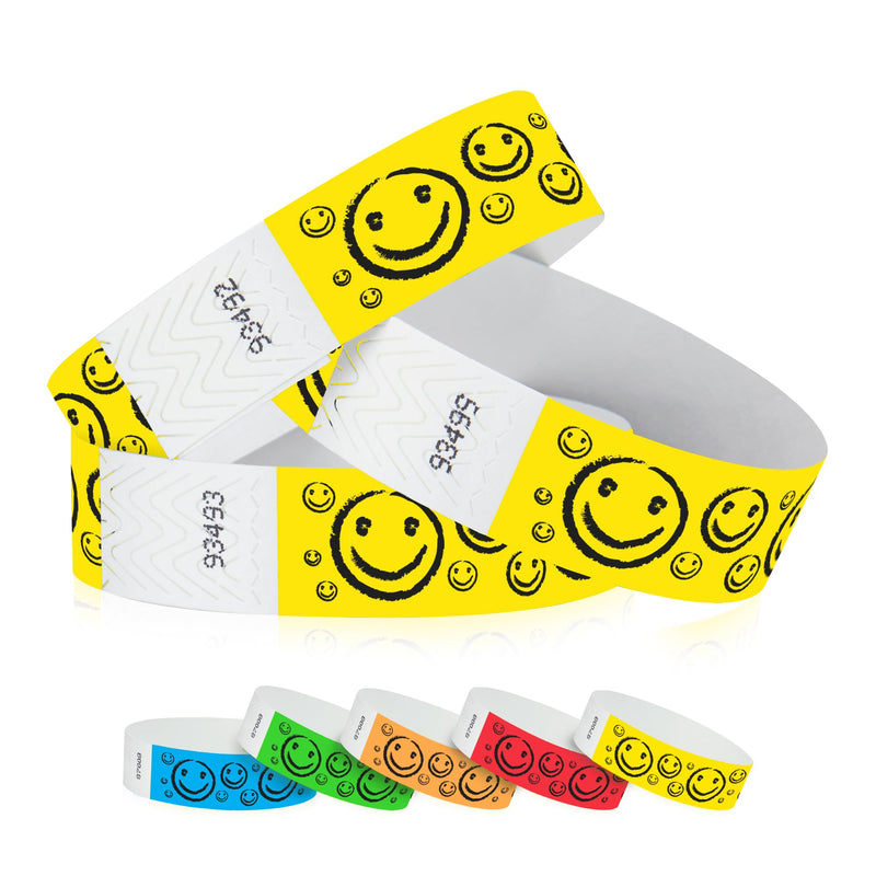 200 WristCo Yellow Smiley Face Tyvek Wristbands for Events - ¾” x 10” - Waterproof Recyclable Comfortable Tear Resistant Paper Bracelets Wrist Bands for Concerts Festivals Admission Party Neon Yellow 200 Count