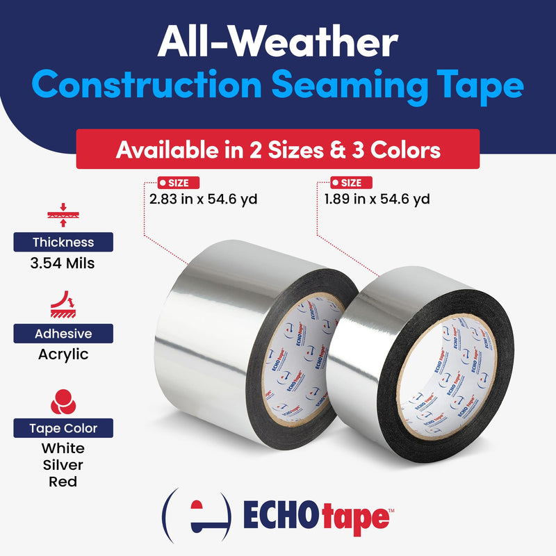 ECHOtape PE-M4535 | All Weather Construction Seam Tape | Indoor-Outdoor Construction Tape | UV Resistant | House Wrap Seaming Tape | Vapor Barrier Tape | Silver | 2.83 in x 54.6 yds 2.83 in x 54.6 yd / 72mm x 50m
