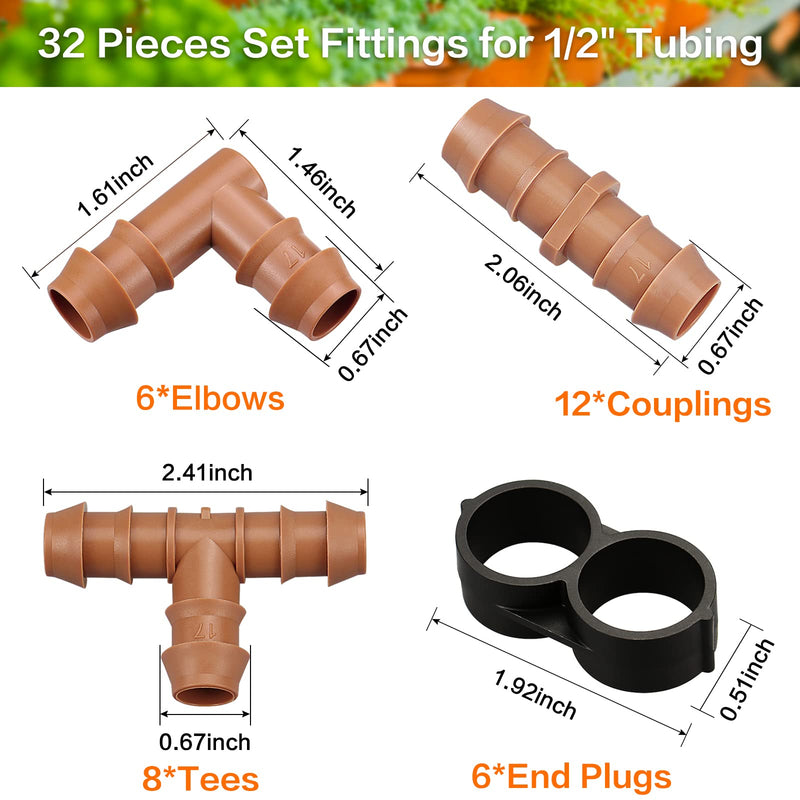 [Australia - AusPower] - Drip Irrigation Fittings Kit for 1/2" Tubing, 32 Pieces Drip Line Connectors for Drip Sprinkler Systems - 12 Couplings, 8 Tees, 6 Elbows, 6 End Caps, Drip Irrigation Parts for 1/2 Inch Drip Hose 