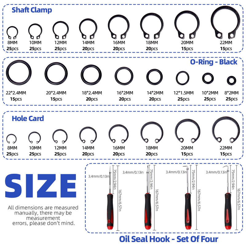 Glarks 499Pcs 8 Sizes Alloy Steel External Retaining Clip Rings Internal Circlips Snap Retaining Rings and Rubber O-Rings with Precision Hook and Pick Assortment Kit, Metric Size