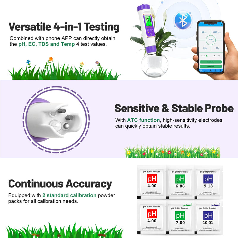 [Australia - AusPower] - Smart pH Meter for Water pH and EC Meter for Hydroponics Nutrients Digital pH and PPM Tester for Reservoir Water 4 in 1 pH EC TDS Temp Tester for Indoor Plant Growing, DWC, Pool, Aquariums Purple 