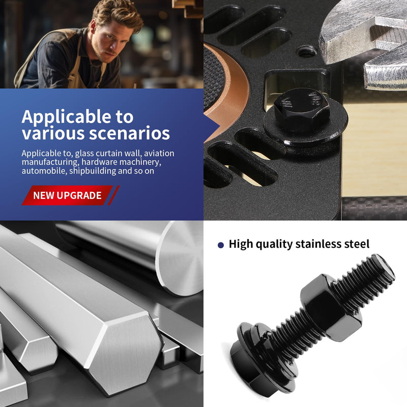 3/8-16 x 6 Hex Head Screw Bolt, Nuts, Flat & Lock Washers, 10Pcs 18-8 (304) Stainless Steel, Fully Threaded, Black Oxide by SG TZH 10 3/8-16 x 6"