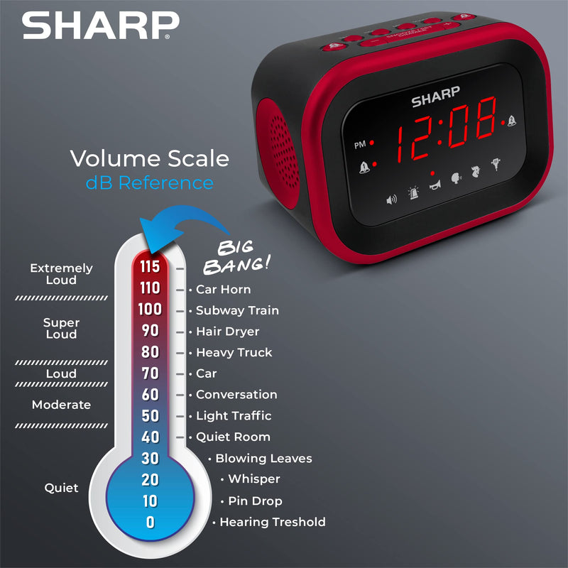 [Australia - AusPower] - Sharp Big Bang Super Loud Alarm Clock for Heavy Sleepers, 6 Extremely Loud Wake Up Sounds: Rooster, Bugle, Nagging Mom, Jackhammer, Siren, Beep – Up to 115db Volume, Red/Black with Red LED Display 