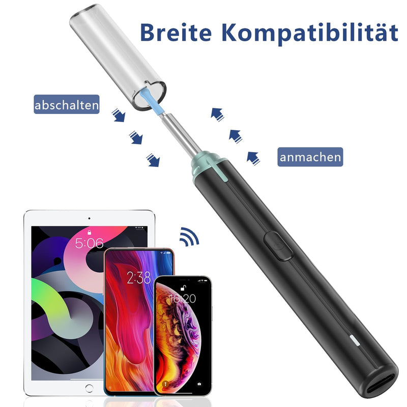 Earwax Remover Otoscope, VITCOCO 1920P Ear Cleaner, IP67 Waterproof Ear Cleaner, WiFi Otoscope Camera with 6 LEDs for iPhone, iPad and Android Smartphones, Black | IP67 Waterproof Lens Ohrreiniger, 230mAh Battery Ohr Reinigung Kompatibel mit Android-Sm...
