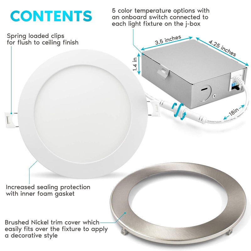 LUXRITE 6 Inch Ultra Thin LED Recessed Light with J-Box, 12W, 5 Color Options 2700K | 3000K | 3500K | 4000K | 5000K, Dimmable Wafer Light, 1000 Lumens, Brushed Nickel, Energy Star, IC Rated Brushed Nickel Trim 1 Count (Pack of 1)