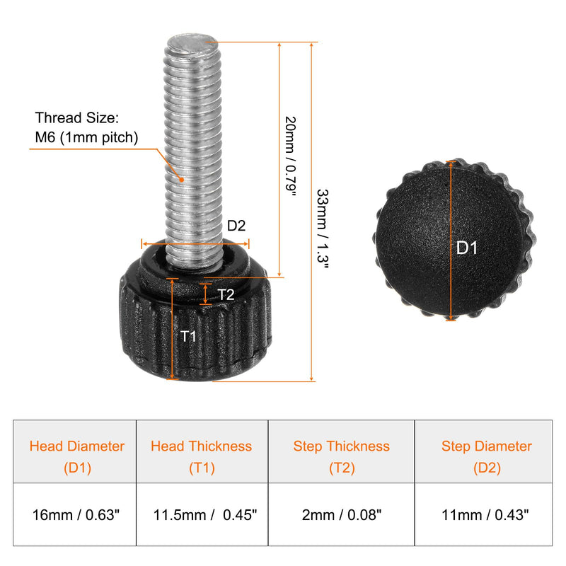 [Australia - AusPower] - HARFINGTON 10pcs Knurled Clamping Knobs Thumb Screws M6 x 20mm Metric Male Thread 16mm Matte Plastic Head 304 Stainless Steel Stud Hand Threaded Knob Thumbscrew Handle, Black M6 x 20mm x 16mm 
