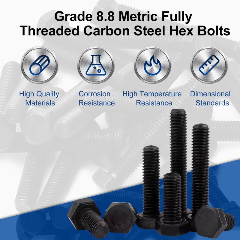 MroMax M12 Hex Bolt M12-1.75 x 150mm Hex Head Screw Bolts Carbon Steel Fully Threaded Metric Hex Tap Bolts Black 4Pcs 4