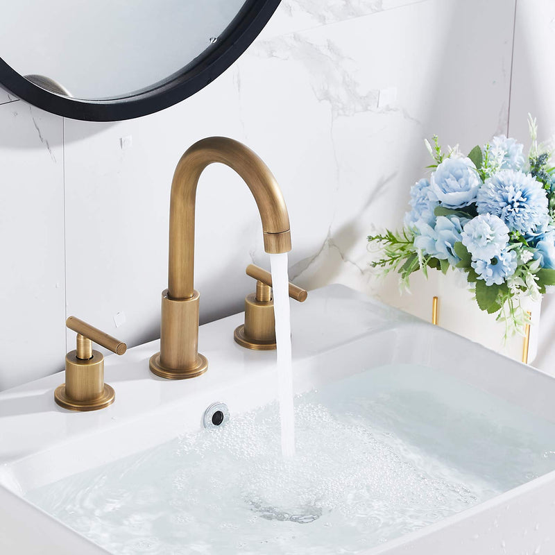 2-Handle Bathroom Faucet 3 Holes 360 Swivel Spout Antique Brass Widespread Bathroom Sink Faucet with Pop Up Drain Brass Antique