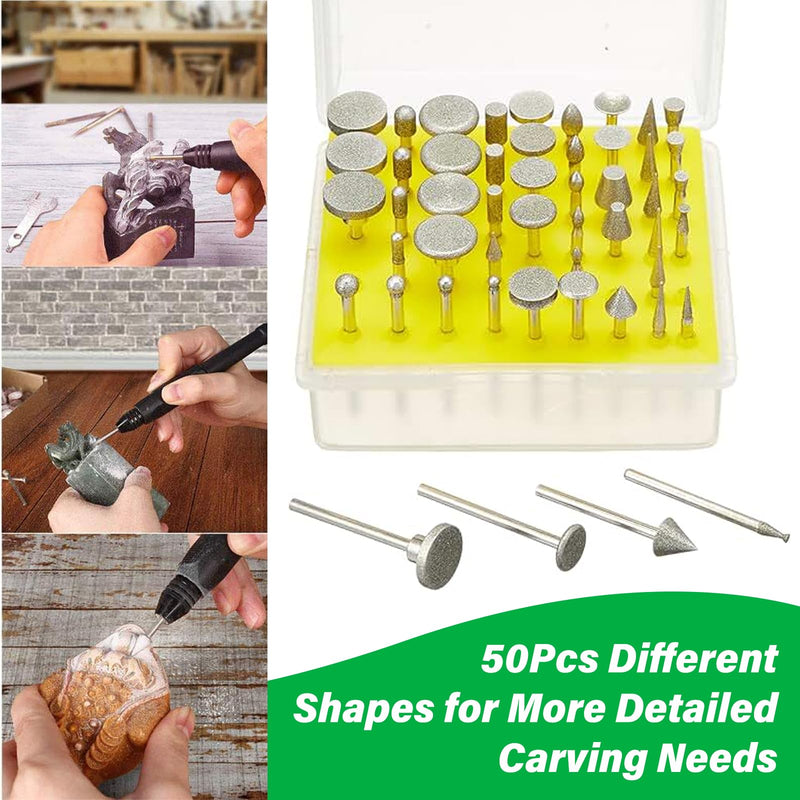50 Piece Diamond Cutter Set, Diamond Grinding Pen Compatible with Dremel Grinding Attachments, Rotary Tool Accessories, 3 mm Shank Fit for Stone, Grinding, Polishing, Glass, Ceramic, Carving, Drilling