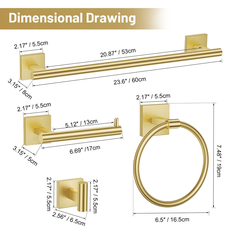 TURS Brushed Gold 4-Pieces Towel Ring Set Include Towel Ring Toilet Paper Holder Towel Hook SUS304 Stainless Steel Bathroom Accessories Kit Wall Mounted Set C