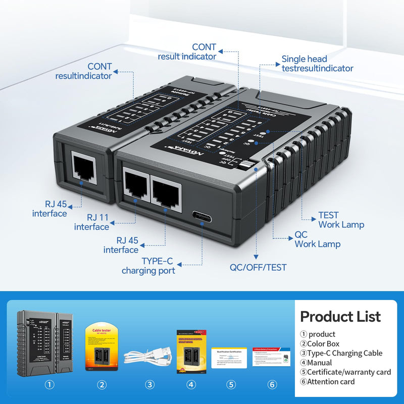 [Australia - AusPower] - NOYAFA NF-468YS Network Cable Tester, Ethernet Cable Tester for RJ11, RJ12, RJ45, CAT5,CAT6, CAT7, Continuity Tester,PoE Testing, UTP/STP Cable Checker, 60VAnti-Burn LAN Network Tools 