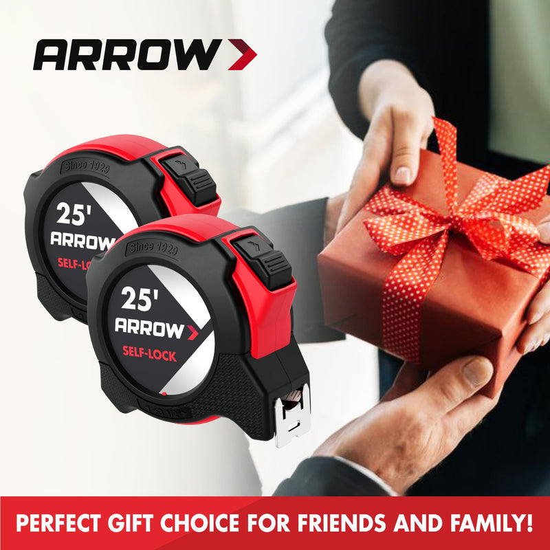 Arrow 25FT Auto-Lock Tape Measure, 2PCS Easy Read Measuring Tape with Fractions 1/8″, Double Sided Measurement Tape with 1″ Blade, Belt Clip, Dual-End Metal Hook, and Rubber Protective Casing 2