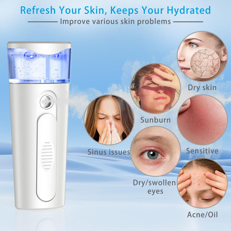 withthesun Portable Nano Face Mister, Facial Steamer, USB Rechargeable Cool Mist Sprayer, 40ml Visual Water Tank, Nano Mister for Eyelash Extensions, Facial Deep Cleaning, Makeup (White) 1 Nozzle-White