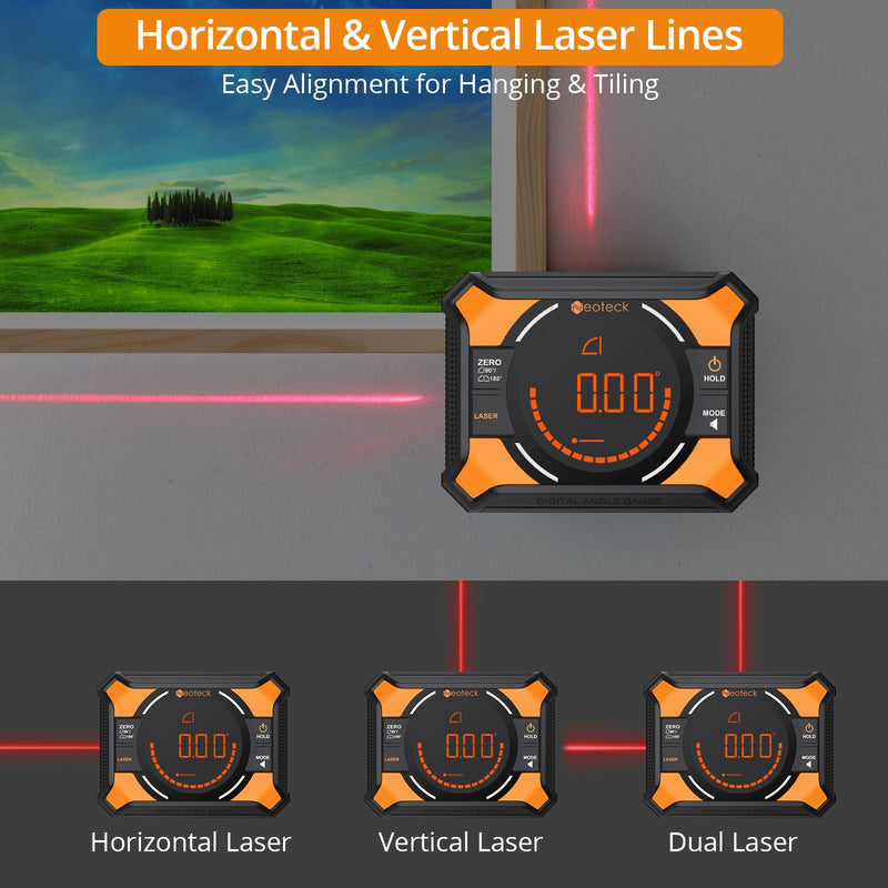 [Australia - AusPower] - Neoteck Digital Angle Finder with Dual Laser (Class 2 Laser, 1mW Power Output) 4x90/2x180°Angle Gauge with LED Display and Data Hold USB Charging Level Box with Bottom and Back Strong Magnetic 