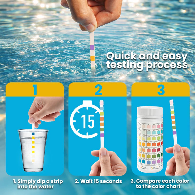 7-in-1 Swimming Pool Hot Tub & Spa Test Strips, 100 Count Pool Water Test Kit for Bromine, Chlorine, pH, Alkalinity, Hardness, Cyanuric Acid – Quick & Accurate Pool and Spa Water Testing