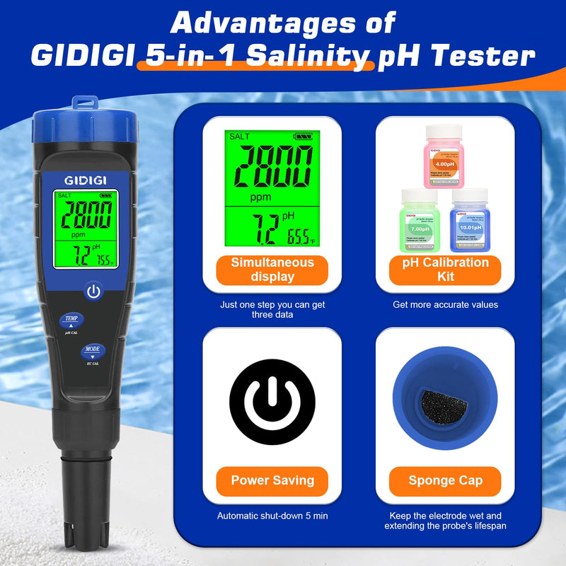 [Australia - AusPower] - Salt Tester for Pool, pH Meter Digital 5-in-1 pH TDS EC Salt Content Meter with Calibration Solution Set, pH ppm Meter for Salt Water Pool, Aquarium, Hot Tub, Spa, Hydroponics, Home Brew 