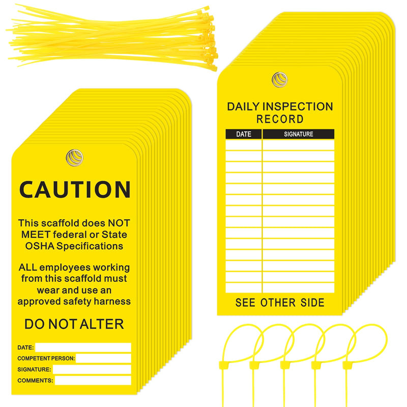 25 Pack Scaffold Status Tags with Cable Ties Yellow Caution Scaffold Tag Laminated Cardstock Safety Inspection Warning Signs 3 x 6 Inches, Weatherproof Tear-Resistant Yellow Tags