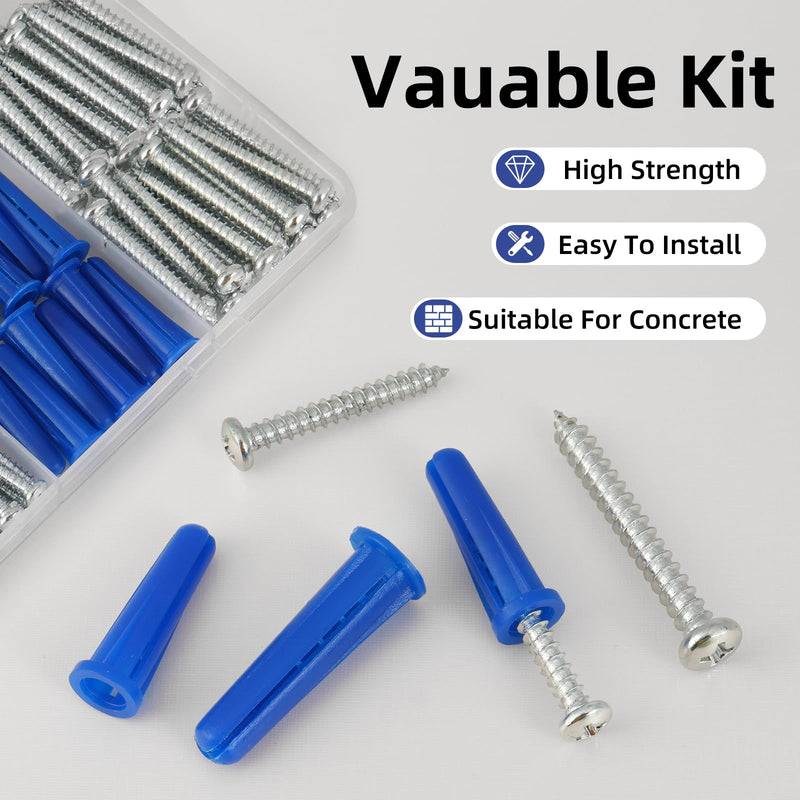 [Australia - AusPower] - 180PCS Conical Concrete Anchors and Screws Assortment Kit, 90PCS Concrete Wall Anchors, 90PCS Self Tapping Screws for Masonry Stucco Brick Cement Cinder Block Tile, with 2PCS Drill Bit 