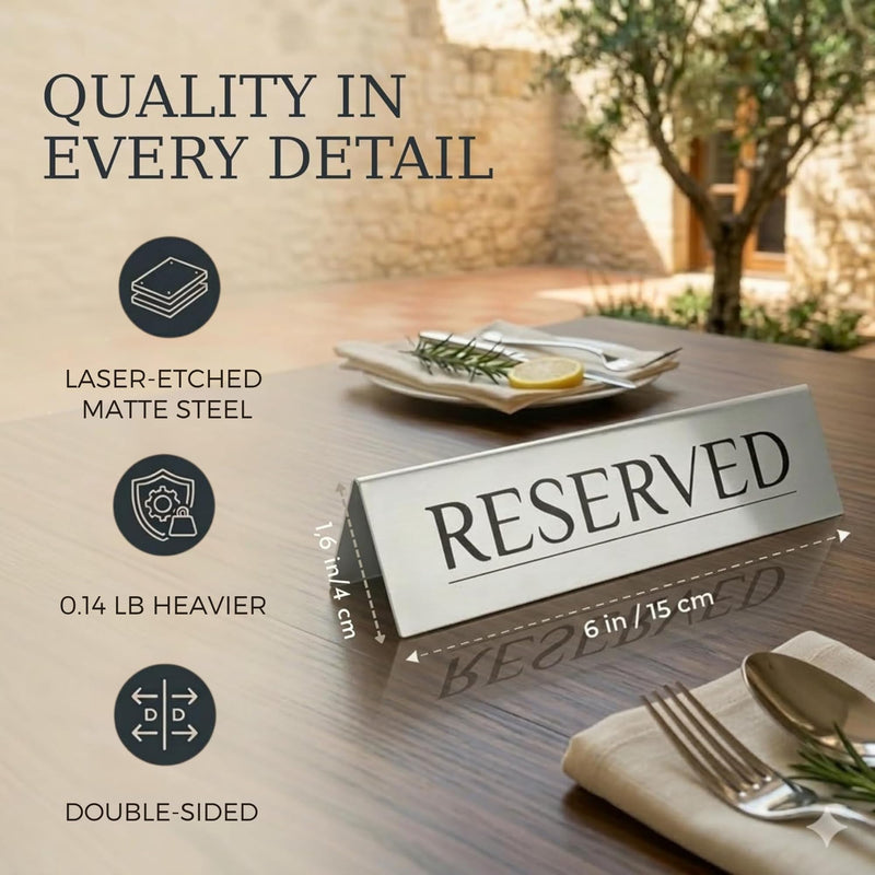 Reserved Table Signs Set of 6 | Raised Black Letters, Brushed Stainless Steel, Reusable Double-Sided | Reserved Seating Signs for Weddings, Restaurants, Church Pews, Events | 6×1.6 in Silver/Black Letters 6 Pieces