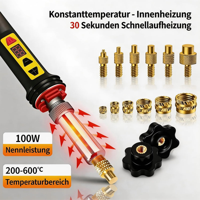 Threaded Inserts Soldering Tips Set, 100 W LED Soldering Iron with Temperature Adjustable, 130 Pieces Thread Inserts M2/M3/M4/M5/M6/M8, Soldering Tips for Thread Insert