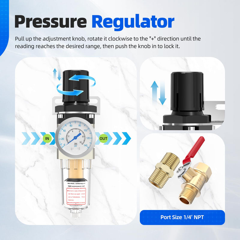 [Australia - AusPower] - Air Pressure Regulator, Hoodutric 1/4 Inch Air Compressor Water Separator with Pressure Gauge Manual Drain Valve Ball Valve and Mounting Bracket - AW2000-02 