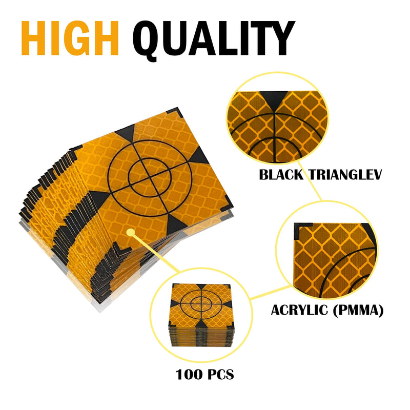 60X60MM 100PCS Reflective Sheet for Total Stations Paste Up Reflector, Survey Target Mark with Black Triangle Reflector Targets for Total Stations,Yellow 60x60mm