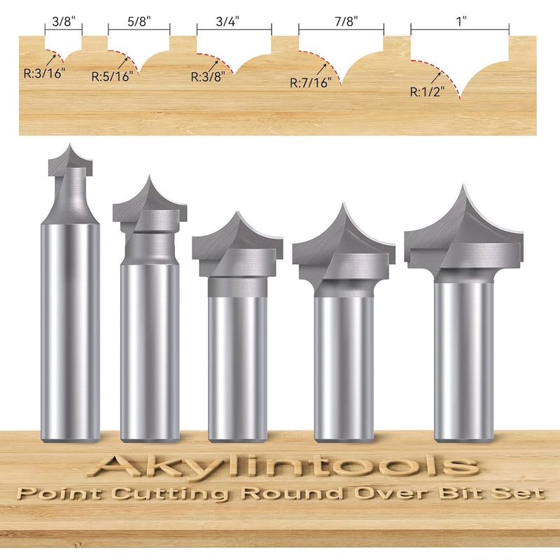 5pcs Point Cutting Roundover Router Bit Set,1/2" Shank,Cutting Dia. 3/8",5/8",3/4",7/8" and 1",Round-Over Plunge Cutter for Wood Plunging,Routing 1/2"x 5Pcs